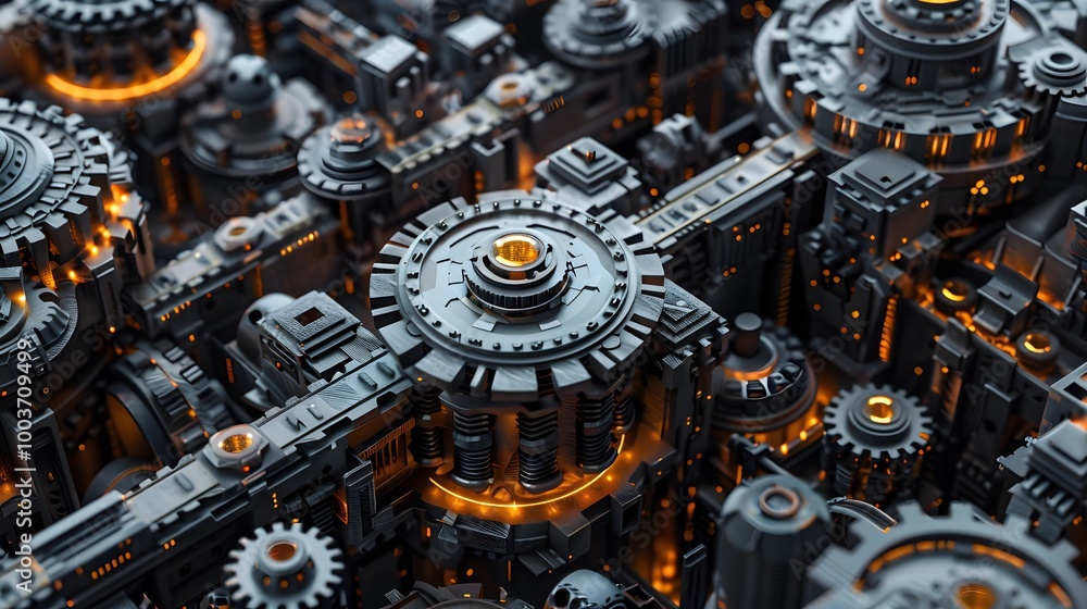 Poster a classic, complex machine with numerous interlocking gears and components all tightly integrated, s