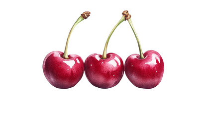 Three ripe cherries with glossy red skin, showcasing fresh and vibrant natural colors, isolated on a white background for clean presentation.