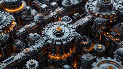A classic, complex machine with numerous interlocking gears and components all tightly integrated, symbolizing a traditional monolithic application architecture