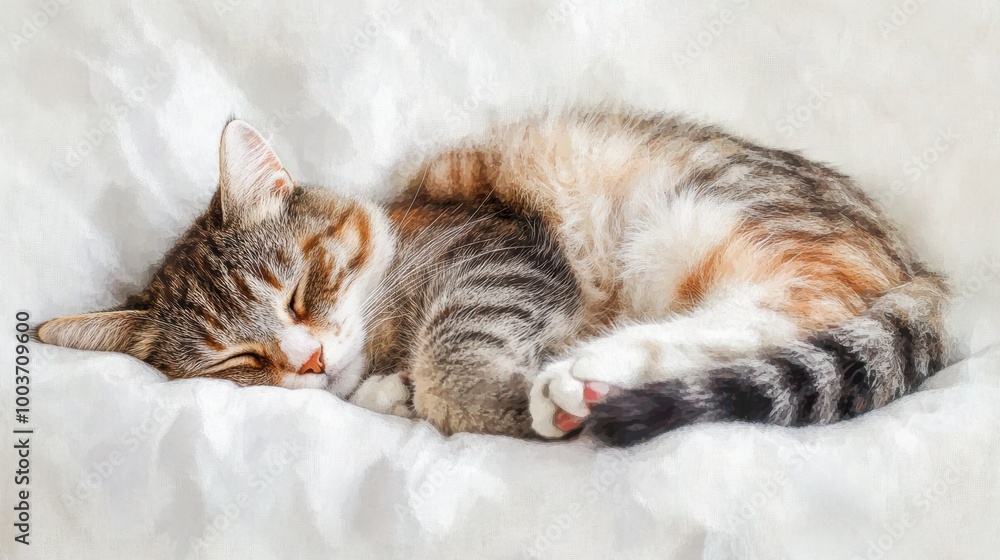 Poster a cat peacefully sleeping on a soft bedspread with a white background, capturing a serene moment of 