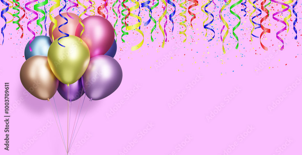 Aufkleber Bunch of colorful balloons on pink background with confetti. Empty space for text. 3d rendering