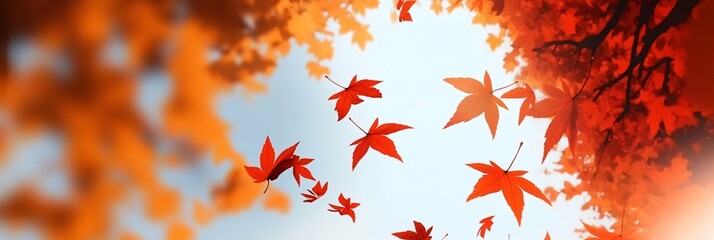 A serene autumn scene featuring vibrant red and orange maple leaves gently falling from the trees, illuminated by soft, warm sunlight filtering through a clear blue sky.