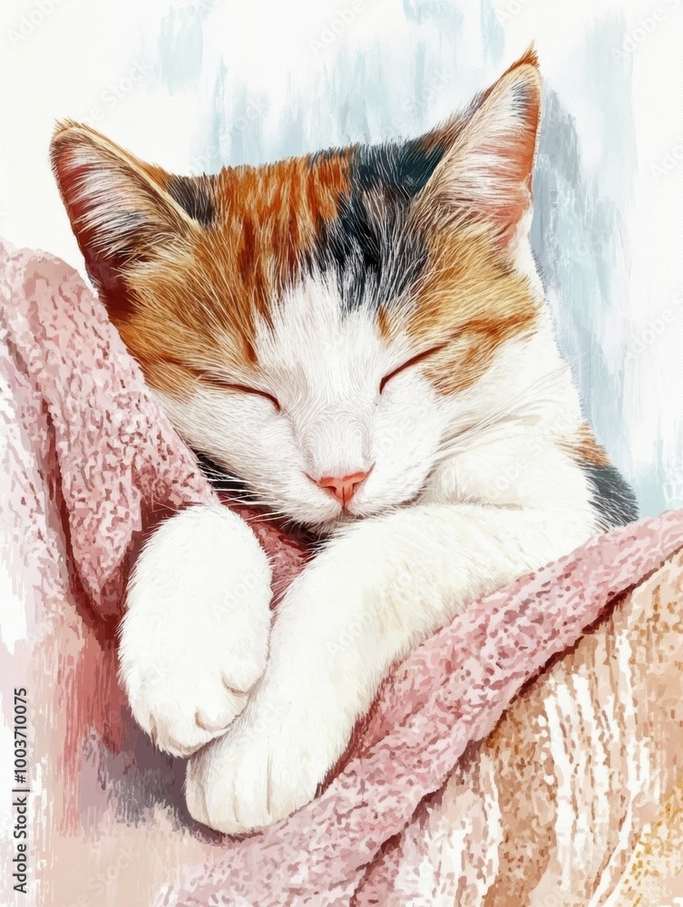 Poster a cozy cat peacefully sleeping on a soft bedspread with a white background during a calm afternoon. 