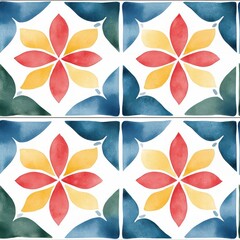 Obraz premium A vibrant, decorative tile design featuring floral patterns in red, yellow, and green tones, arranged in a symmetrical layout.