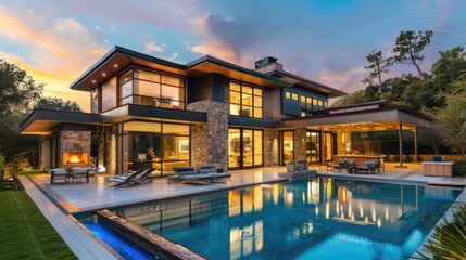 Luxury modern house with pool, evening.