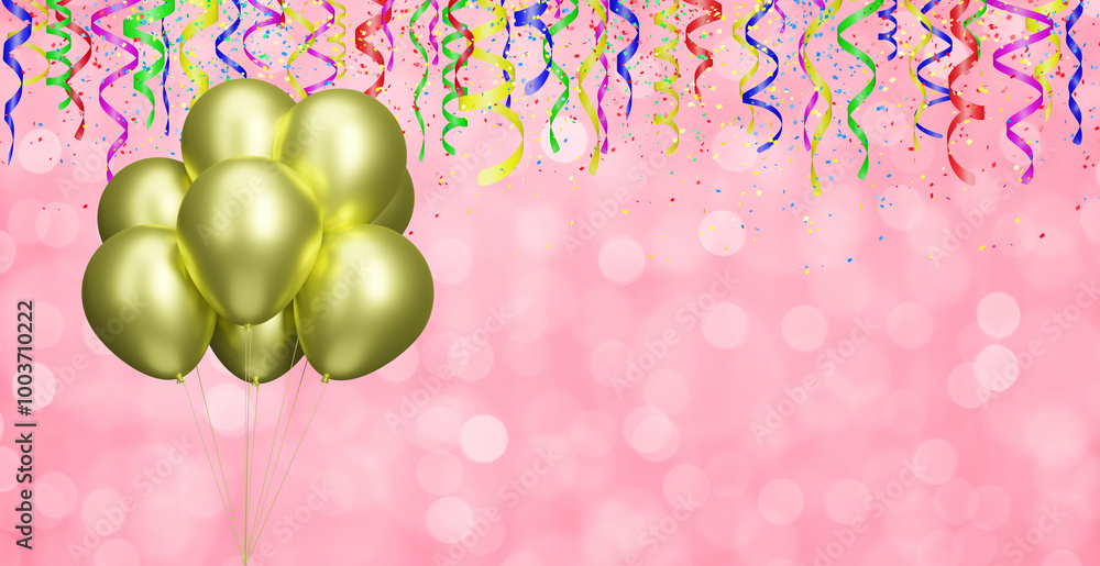 Aufkleber Bunch of golden or yellow balloons on blurred red or pink background with confetti. Empty space for text. 3d rendering