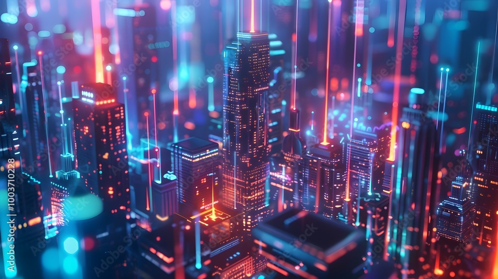 Poster a futuristic cityscape with floating holographic interfaces representing various microservices, inte