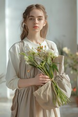 Young woman holds bouquet of flowers in reusable eco-friendly bag indoors. Earthy tones and natural fabrics blend with fresh flowers. Sustainable lifestyle concept.