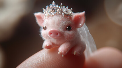 In macro photography, a tiny, adorable pink pig wearing a crystal crown and white veil sits on a thick finger, holding its tip, radiating surreal cuteness.