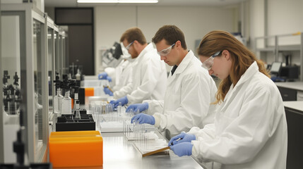Researchers work collaboratively in a laboratory setting, conducting experiments during daytime hours in a modern facility