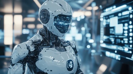 3D effect of a futuristic robot with intricate metal details and soft glowing lights, interacting with