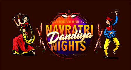 Vector design of Indian couple playing Garba in Dandiya Night Navratri Dussehra festival of India