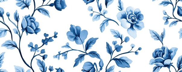 Fototapeta premium A floral pattern in shades of blue, featuring intricate flowers and leaves on a white background, creating an elegant and serene aesthetic.