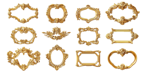 Set of vintage ornamental gold picture frames isolated on PNG cutout background.