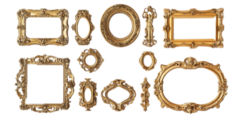 Collection of ornate, decorative gold frames in varying shapes and sizes, isolated on PNG cutout background.