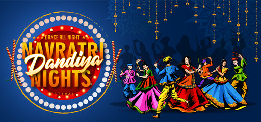 Vector design of Indian couple playing Garba in Dandiya Night Navratri Dussehra festival of India
