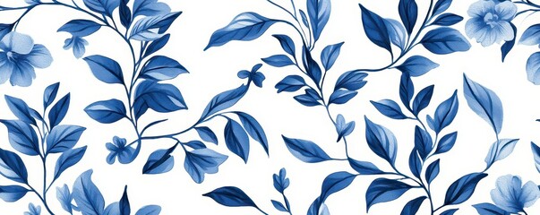 A striking blue floral pattern on a white background featuring delicate leaves and blossoms, perfect for textile design or home decor.
