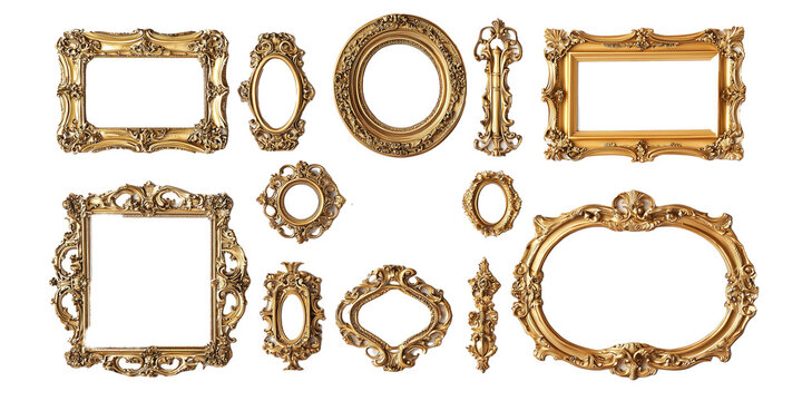 Collection of ornate, decorative gold frames in varying shapes and sizes, isolated on PNG cutout background.