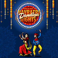 Vector design of Indian couple playing Garba in Dandiya Night Navratri Dussehra festival of India