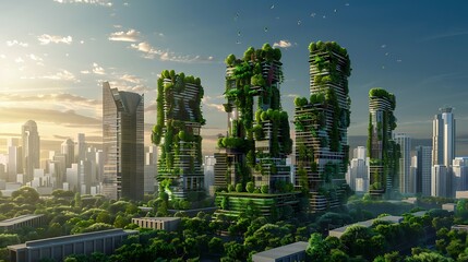 Naklejka premium Futuristic city where skyscrapers are covered in lush greenery, showcasing a harmonious blend of nature and urban development.