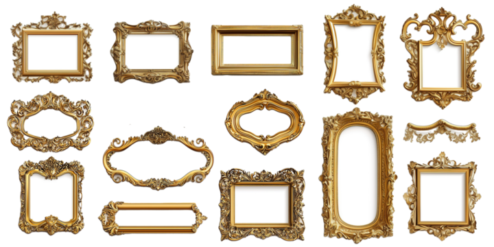 Vintage gold ornate picture frames, various shapes and sizes, isolated on PNG cutout background.