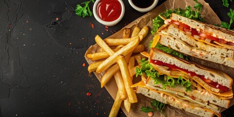 Club sandwich served with potato fries and dipping sauce Fast food takeaway theme Aerial perspective with text space
