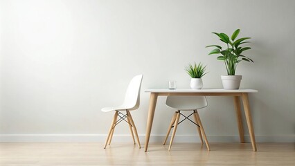 White minimalist flat with wooden table, white vase, plant, light green chair