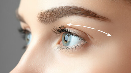 Naklejka premium The concept of blepharoplasty is illustrated with a close-up of a woman's eye, marked by arrows indicating the direction of the planned cosmetic surgery to tighten and lift the skin around the eyes.