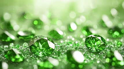  A collection of emerald gems nestled atop a verdant, damp grassy expanse, adorned with numerous tiny water droplets