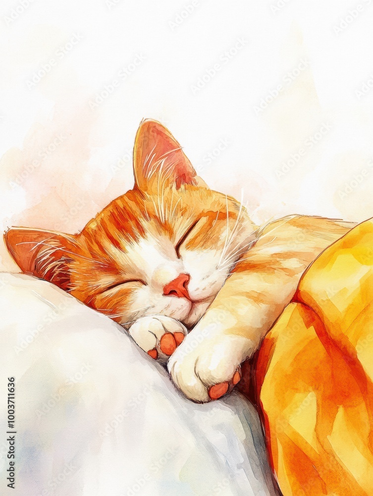 Aufkleber a cozy sleeping cat nestled on a soft bedspread with a bright white background in a peaceful setting