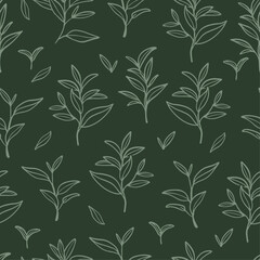 Green tea leaves pattern. Hand drawn branches and leaves on dark green background.