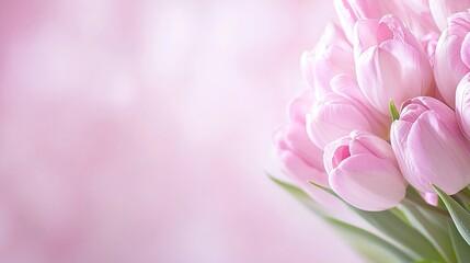 A bouquet of tulips is arranged on a pink background with blank copy space. Flat lay top view.