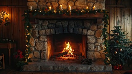 Cozy holiday fireplace with a warm fire, surrounded by festive decorations, evoking a sense of comfort and celebration.