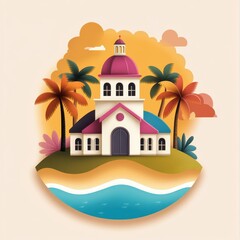 Obraz premium Colorful house by the beach with palm trees