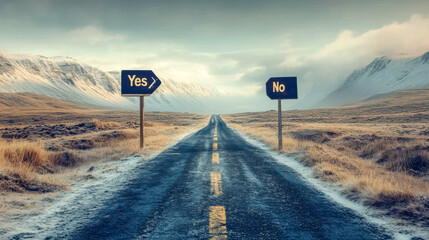 Choosing the right path, yes or no sign indicating different directions in life