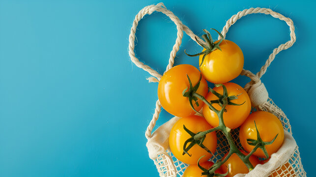 Fresh yellow tomatoes in the cotton string bag
