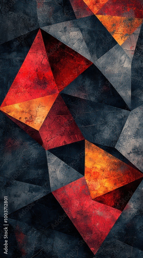 Poster dynamic graffiti-inspired geometric art with vibrant red and orange triangular forms on a textured g