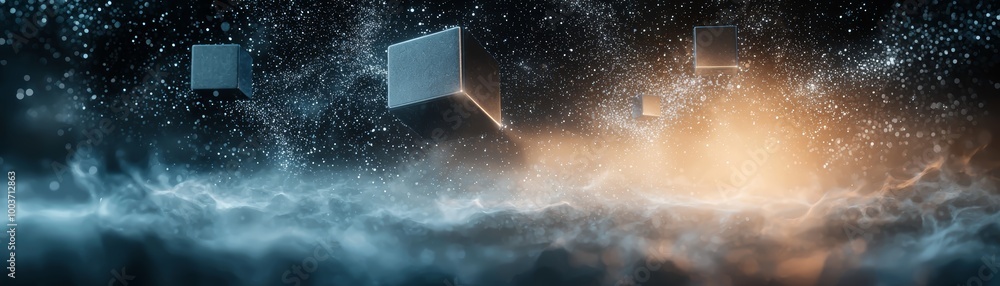 Poster Abstract Floating Cubes with Glowing Mist and Particles