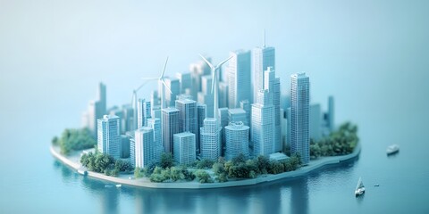 Fototapeta premium A miniature eco-friendly city features light blue skyscrapers and wind turbines, representing a sustainable urban design concept in a 3D render with futuristic architecture and clean technology.