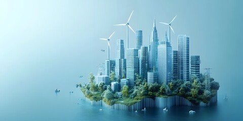 Fototapeta premium A miniature eco-friendly city features light blue skyscrapers and wind turbines, representing a sustainable urban design concept in a 3D render with futuristic architecture and clean technology.