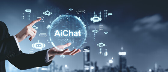 Businessman finger touch digital AI hologram, virtual assistant icons