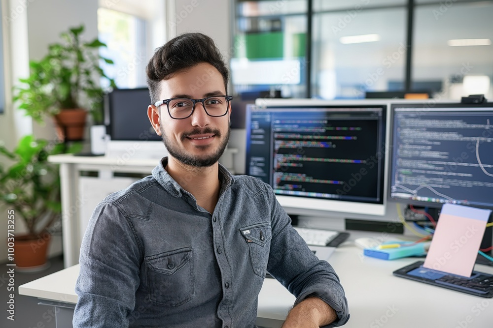 Aufkleber male programmer works in modern office with computer, laptop, software. adult caucasian man sits at 