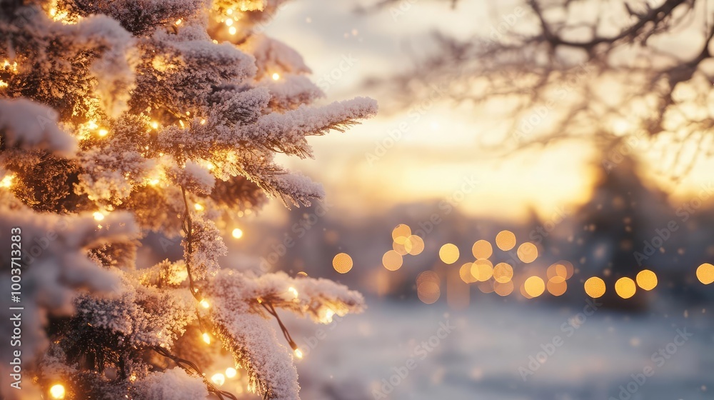 Poster a serene winter scene featuring a snowy tree adorned with twinkling lights, capturing the essence of