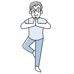 ヨガのポーズをするシニア男性