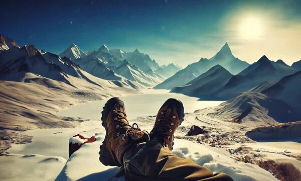 Embruns de neige tombant sur des chaussures de randonn&eacute;e d'une personne savourant le plaisir d'&ecirc;tre au sommet des montagnes enneig&eacute;es