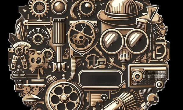 Rouages et engrenages dans un d&eacute;cor inspir&eacute; du steampunk, esth&eacute;tique m&eacute;canique et r&eacute;tro-futuriste avec goggles, chapeau cloche, &oelig;illeton