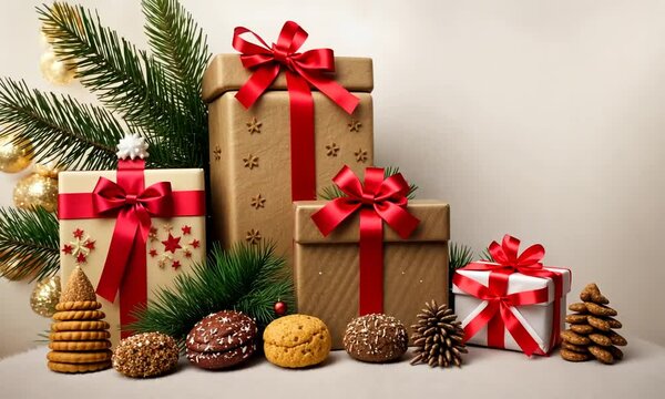F&ecirc;tes de fin d'ann&eacute;e et de No&euml;l, d&eacute;corations dans le sapin avec boules, guirlandes, paquets cadeaux et g&acirc;teaux aux &eacute;pices sur la table