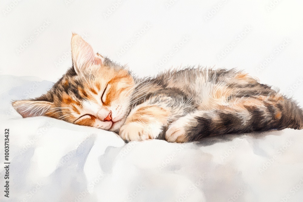 Poster a peaceful cat sleeping soundly on a soft bedspread, nestled in a serene, white background environme