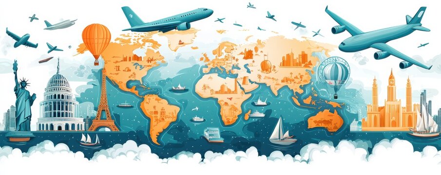 Illustration of global travel elements featuring iconic landmarks like Eiffel Tower and Big Ben with world map highlights