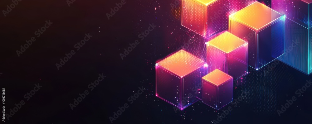 Poster isometric neon geometric design featuring glowing cubes and digital network patterns in a futuristic